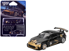Toyota GR86 "LB-Nation - Liberty Walk" #24 Black with Carbon Hood and Gold Graphics Limited Edition 1/64 Diecast Model Car by Mini GT - View 1