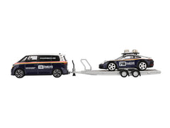 Porsche 911 Dakar #718 Blue and White with Roof Rack and Volkswagen ID. Buzz Blue and White with Flatbed Trailer "Porsche Centrum Gelderland Roughroads" Set of 3 pieces Limited Edition 1/64 Diecast Model Car by Mini GT - View 2