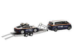 Porsche 911 Dakar #718 Blue and White with Roof Rack and Volkswagen ID. Buzz Blue and White with Flatbed Trailer "Porsche Centrum Gelderland Roughroads" Set of 3 pieces Limited Edition 1/64 Diecast Model Car by Mini GT - View 3