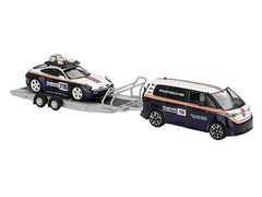 Porsche 911 Dakar #718 Blue and White with Roof Rack and Volkswagen ID. Buzz Blue and White with Flatbed Trailer "Porsche Centrum Gelderland Roughroads" Set of 3 pieces Limited Edition 1/64 Diecast Model Car by Mini GT - View 4