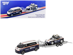 Porsche 911 Dakar #718 Blue and White with Roof Rack and Volkswagen ID. Buzz Blue and White with Flatbed Trailer "Porsche Centrum Gelderland Roughroads" Set of 3 pieces Limited Edition 1/64 Diecast Model Car by Mini GT - View 1