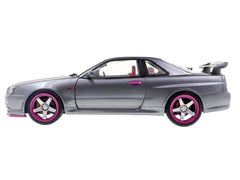 1999 Nissan Skyline GT-R (R34) RHD (Right Hand Drive) Silver Metallic with Purple Wheels 1/18 Diecast Model Car by Solido - View 3
