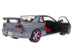 1999 Nissan Skyline GT-R (R34) RHD (Right Hand Drive) Silver Metallic with Purple Wheels 1/18 Diecast Model Car by Solido - View 4