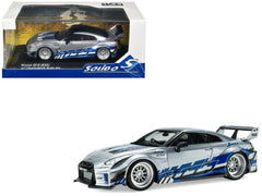 2020 Nissan GT-R (R35) Liberty Walk Silhouette RHD (Right Hand Drive) Silver Metallic with Black Top and Blue Graphics 1/43 Diecast Model Car by Solido - View 1