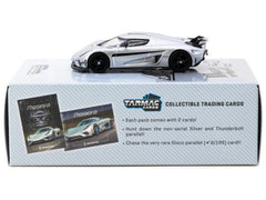 Koenigsegg Regera Silver Metallic with Blue Accents and Collectible Tarmac Cards "Global64" Series 1/64 Diecast Model Car by Tarmac Works - View 3