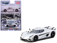Koenigsegg Regera Silver Metallic with Blue Accents and Collectible Tarmac Cards "Global64" Series 1/64 Diecast Model Car by Tarmac Works - View 1